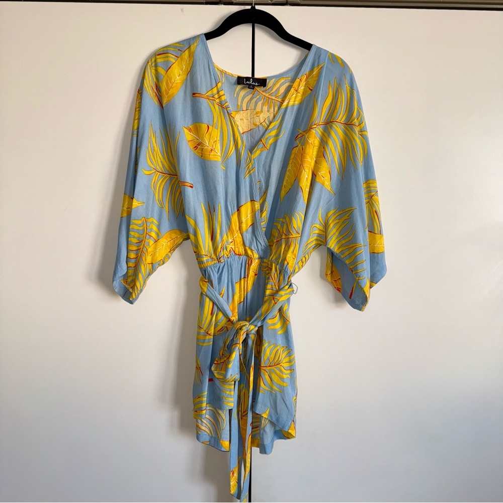 Lulu's Blue and Yellow Leaf Print Romper